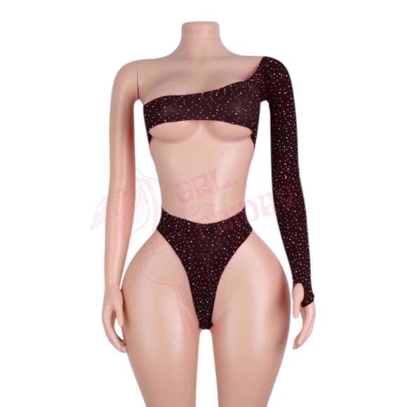 Black One Sleeve Cut out Rhinestoned Fishnet Bodysuit - EXOTIC DANCEWEAR - Picture 1 of 3